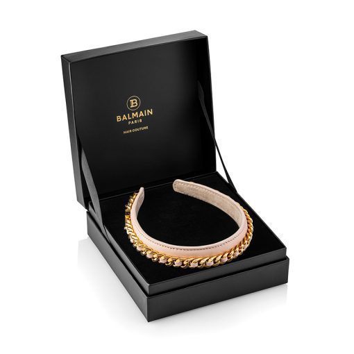 BALMAIN HAIR napa nahast kuldse ketiga roosa peavõru, L / Leather Chain Golden Headband Pink, L - Image 2