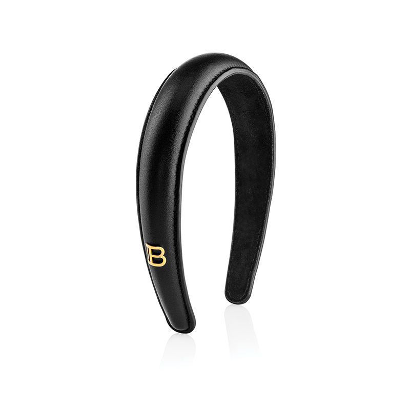 BALMAIN HAIR Puffed Leather Headband Golden B-logo 18 karat, Black, L size