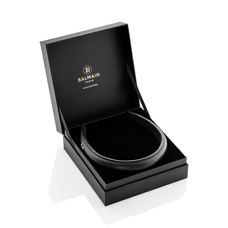 BALMAIN HAIR Puffed Leather Headband Golden B-logo 18 karat, Black, L size - Image 2